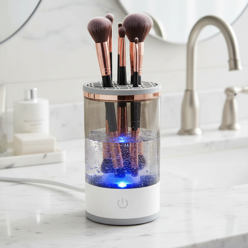 Makeup brush cleaner with LED light and multiple brush holders on a white background